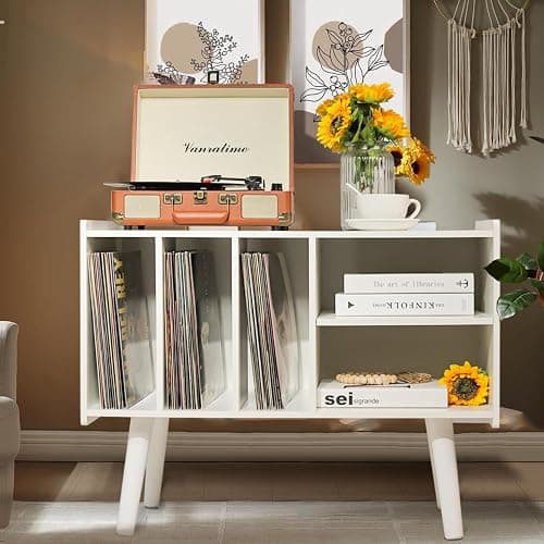Record Player Stand with Vinyl Storage Holds Up to 300lb, Large Record Player Table Cabinet for Album Storage with Holder Vinyl Display Shelf, Wood Turntable Stand for Bedroom Living Room (White) thumbnail 2