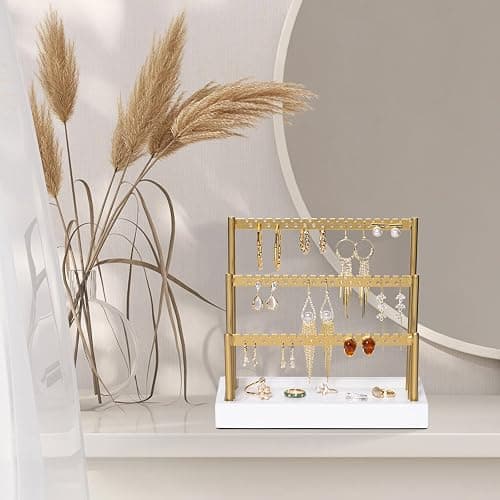 SANY DAYO HOME 3-Tier Earring Holder Organizer Stand, 105 Holes Gold Metal Earring Rack Jewelry Display Tree with White Wood Tray for Women and Girls thumbnail 4
