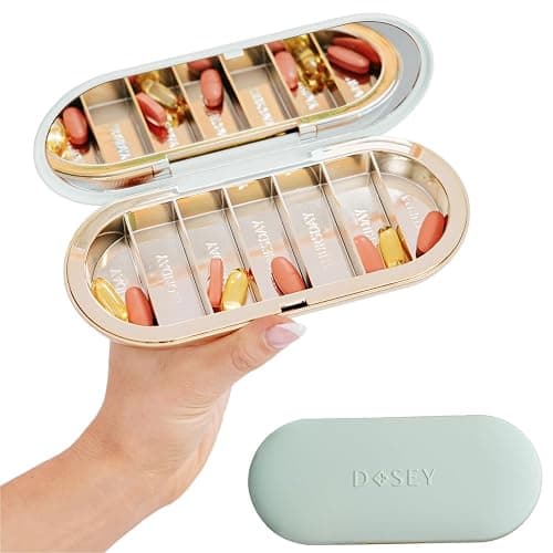 Dosey 7 Day Pill Compact Travel Pill Organizer - Pill Case with 7 Pill Compartments for Medicine Storage & Protection – Stylish & Elegant Medication Organizer with Mirror, Sage - Sage - Image 1