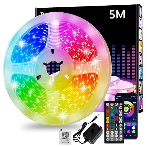 Led Strip Light 5m, Cuttable RGB Led Lights with Smart App Control Remote, Music Sync Colour Changing for Bedroom, Gaming Room, Kitchen, Home Decoration - Image 1