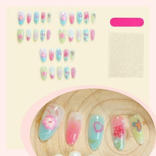 3D Press on Nails Medium Almond SWEKKE Summer Fake Nails Flower False Nails with Hibiscus Starfish Shell Designs Glossy Glue on Nails Hawaii Acrylic Nails for Women Girls 30Pcs thumbnail 4