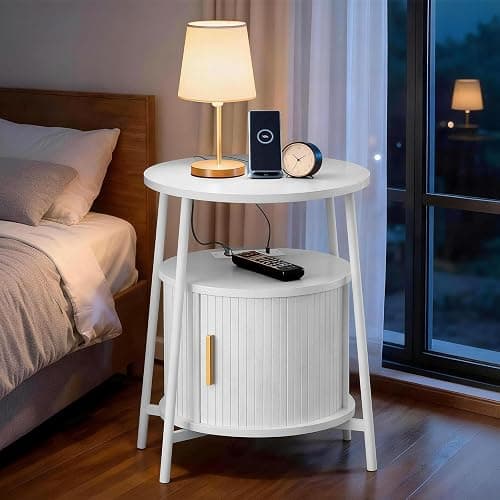 DHH Round End Tables with Charging Station, Fluted Accent Side Table with Sliding Door, Mid-Century Modern Nightstand for Small Space Storage, Living Room, Bedroom,Sofa Couch(1, White) thumbnail 7