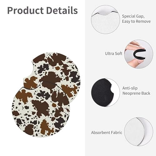 Brown Western Cow Print Steering Wheel Cover for Women Men with 2 Pcs Car Coasters, 15 Inches Neoprene Anti-Slip Cute Universal Car Accessories Protective Cover for Vehicle thumbnail 6