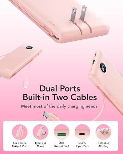 VRURC 22.5W Portable Charger 10000mAh Fast Charging with Built-in AC Plug | powe bank battery pack, travel essentials for women,USB C cable, Ultra Slim,pocket size Pink thumbnail 5