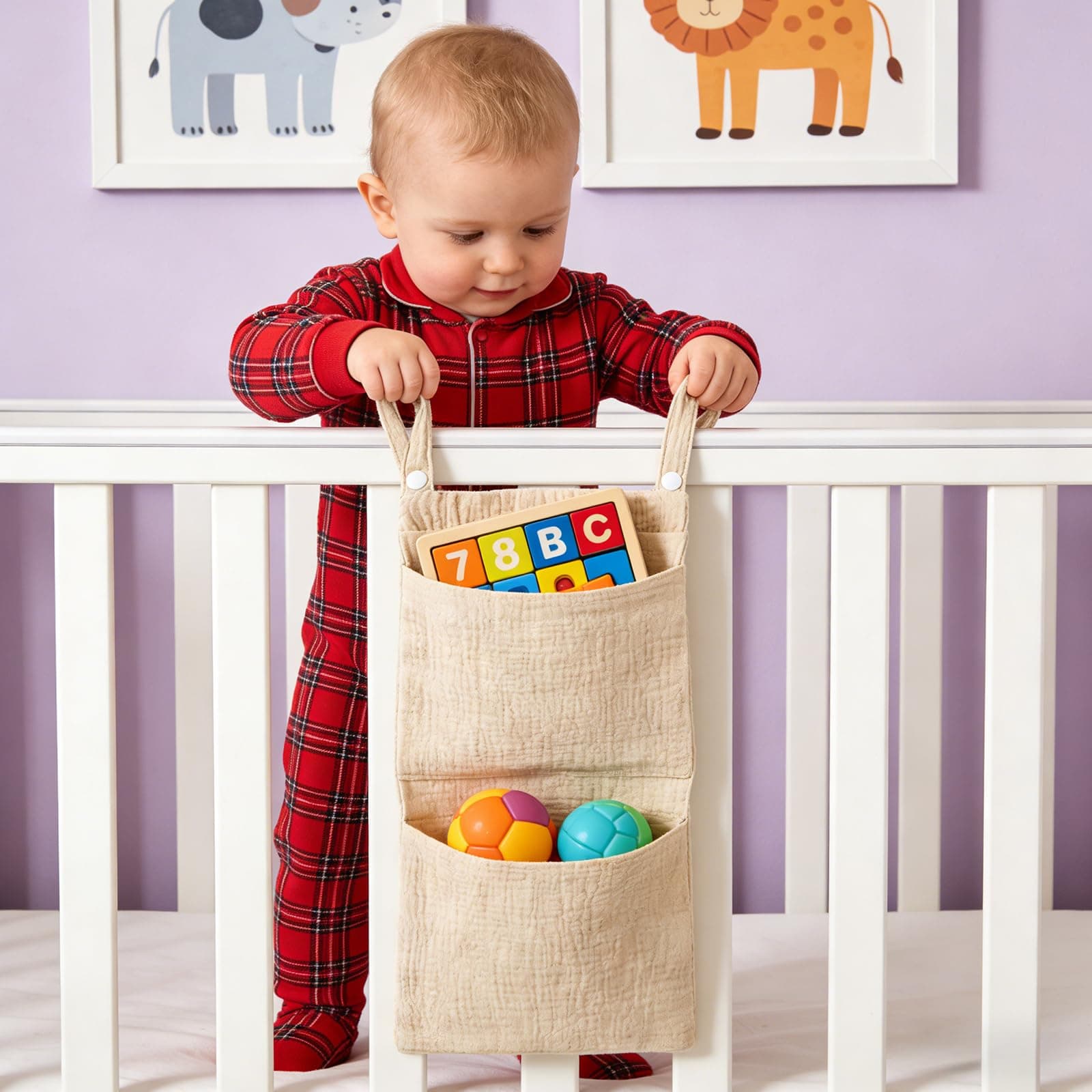 1-Pack Baby Crib Organizer, Hanging Storage Bag, Diaper Caddy, Attach to Crib Side for Diapers, Toys, Clothing, Khaki Color thumbnail 6