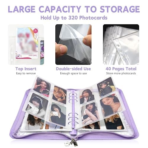 NOCAFI A5 Photocard Binder with 40 Pake 4-Pocket Pages, 6 Ring Photocard Holder Collector Storage Album Collecting Book with 320 Pockets for Organizing Photo,Trading,Game Card Collection (Purple) thumbnail 5