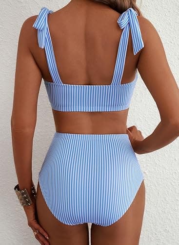 Herseas Women's Tie Shoulder Bikini Sets 2 Piece Striped Swimsuits High Waisted Bathing Suits thumbnail 2