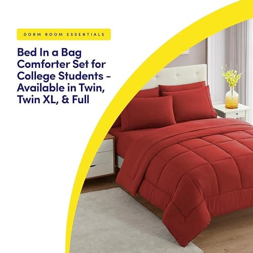 Dorm Room Essentials College Bedding Comforter Set 5 Piece Twin XL Size Bed in a Bag for College Students Boys and Girls, Twin XL, Red - Twin XL - Red thumbnail 5