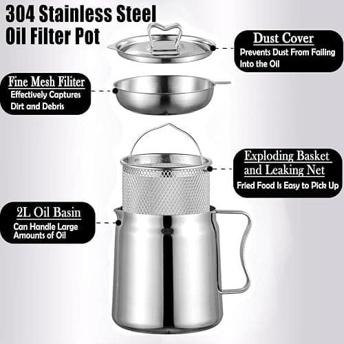 Arshany 2L Grease Container with Strainer, 4 in 1 Large Capacity Oil Container with Strainer Tray, Frying Basket & Lid, Stainless Steel Oil Filter Pot for Storing Cooking Frying Oil & Bacon Grease thumbnail 4