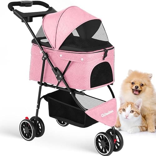 Pet Stroller,Dog Stroller for Small Medium Dogs Cats,3 Wheels,Pink | Foldable,with Breathable Mesh Canopy,Cup Holders,Easy Assembly - Image 1