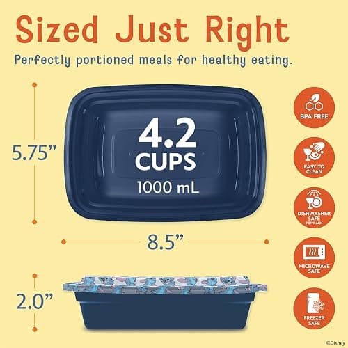 Disney Meal Prep Containers - 20-Piece Reusable Food Containers with Lids - Freezer, Microwave & Dishwasher Safe - Featuring Mickey & Minnie, Lilo & Stitch thumbnail 2