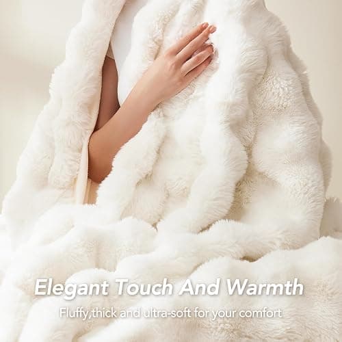 L'AGRATY Faux Fur Throw Blanket: 60" x 80" Luxury Soft Fluffy Thick Rabbit Fur Blankets for Twin Bed Couch - Cozy Plush Bubble Blankets for Winter: Warm Flannel Fleece Decorative Blanket(Cream White) thumbnail 4