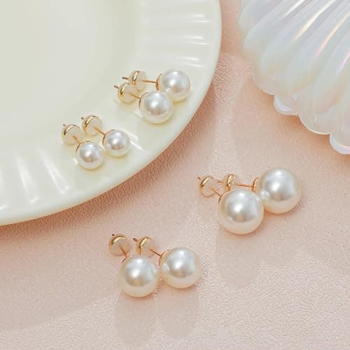 Sanglarst 4 Pairs Pearl Stud Earrings Sterling Silver Earring Set | 14K Plated Gold Hypoallergenic Earring stud Large size Round pearl 8mm-14mm Set Earrings for women thumbnail 5