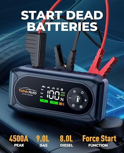 YaberAuto 9-in-1 Jump Starter with Air Compressor 4500A 150PSI Car Battery Jump Starter (9L Gas/8L Diesel), 12V Jump Box Car Battery Jumper Starter Portable Jumper Cables, 400V Insulated Gloves, Light thumbnail 2