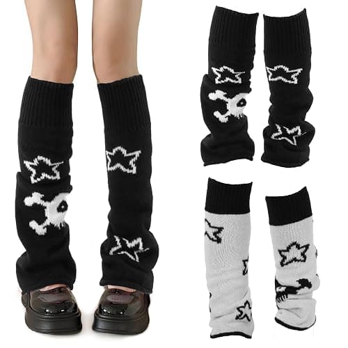 Nogeqi Star Black Leg Warmers for Girls,Skelanimals Leg Warmers Y2k,Gothic Skull Print Legwarmers,Wear Both Sides Kawaii Legs Warmer Fluffy,Gothic Accessory for Women and Girl (Double-Sided) - Image 1