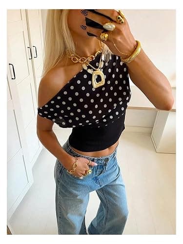Milumia Women's Polka Dots Off Shoulder Crop Tank Tops Y2K Cap Sleeve Ruched Going Out T-Shirts thumbnail 2