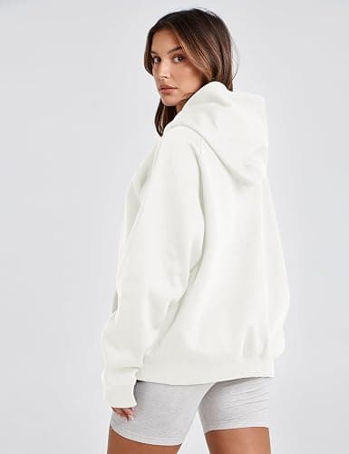 Lauweion Women Solid Basic Fleece Letter Loose Hoodie Sweatshirt Long Sleeve Kangaroo Pocket Drop Shoulder Pullovers Top thumbnail 5