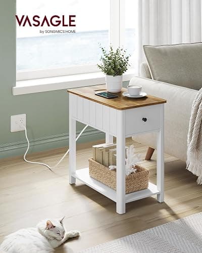 VASAGLE Side Table with Charging Station, End Table with USB Ports and Outlets, Nightstand with Storage, for Living Room, Bedroom, Modern Farmhouse Style, Rustic Walnut and White ULET318T14V1 - Rustic Walnut + White thumbnail 2