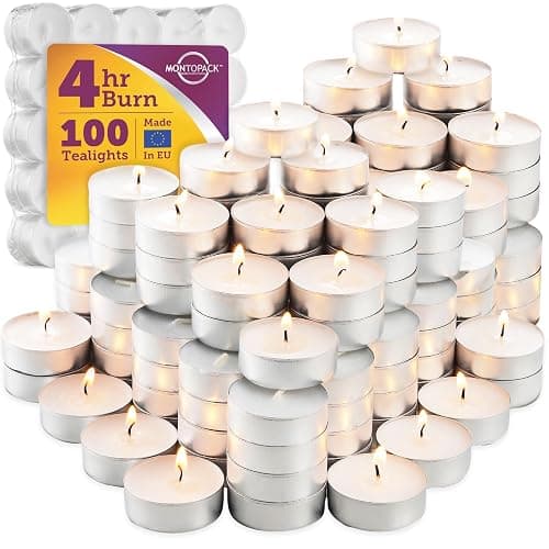 MontoPack Unscented Tea Light Candles 100 Pack | 4 hours, White, Smokeless, Dripless Small Votive Paraffin Tealights | Long-Lasting for Home, Shabbat, Weddings, Events, Emergencies | Mini Candles Bulk - Image 1