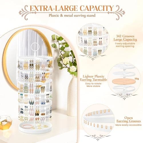 iDavosic.ly 6 Tier Rotating Earring Holder Organizer with Metal Tray, Adjustable Plastic Dangle Display Stands Tree with 342 Grooves, Large Hoop Storage Rack Tower, White thumbnail 5