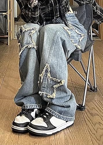 AULKEEP Womens Star Print Gradient Jeans Loose Ripped Graphic Pants Punk High Waist Bottom Jeans with Pocket thumbnail 4