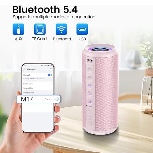 Portable Bluetooth Speaker, 2026 Bluetooth 5.4 Wireless Speaker with 20W HD Loud Stereo Sound, TWS Pairing, 20H playtime, RGB Lights, IP7, Built-in Mic, for Outdoor, Home, Beach, Party, Gift, Pink thumbnail 6
