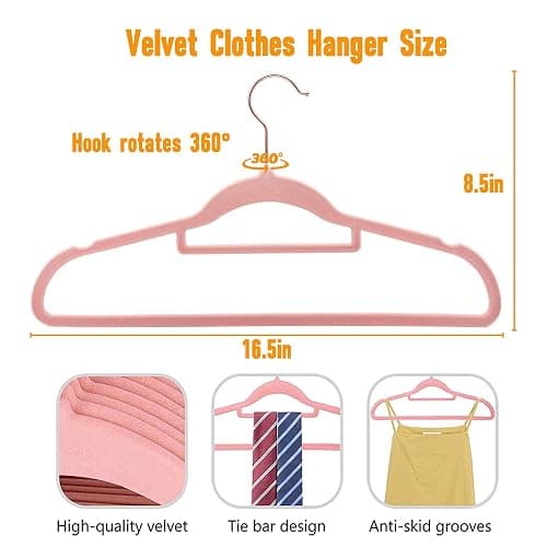 BGRQRIQ Pink Velvet Hangers 50 Pack - Rose Gold Hook, Space Saving Non-Slip Clothes Hangers, 16.5 Inch with Tie Bar for Coats,Sweater,Jackets,Dresses, Shirts, Suits & T-Shirts thumbnail 2