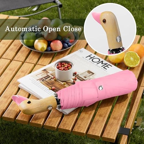 Natuquebrela Cute Duck Umbrella Automatic - Compact Pretty Pocket Size Strong Duck Collapsible Umbrella Yellow Wooden Handle for Women thumbnail 5