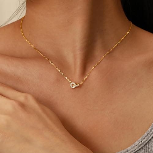 925 Sterling Silver Dainty Interlocking Double Circles Necklaces for Women | 14K Gold Plated Double Hoop Minimalist Pendant Necklaces Herringbone Necklace for Daughter Mother Friendship Jewelry Gift - Image 1