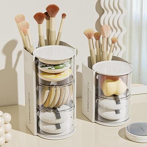 Hair Accessories Organizer with Hair Brush Holder, Rotatable Makeup Brush Holder for Necklaces, Earring, Bracelet, Ring, Makeup Brushes, Hair Clip and Hair Accessories (White, 3-Layer) thumbnail 5
