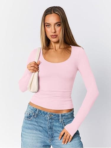 Trendy Queen Womens Scoop Neck Long Sleeve Shirts Skinny Going Out Crop Tops Cute Fall Fashion 2025 Clothes thumbnail 2