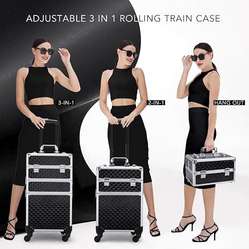 FRENESSA 3 in 1 Rolling Makeup Train Case Professional Cosmetic Trolley Large Storage with Keys Swivel Wheels Salon Barber Case Traveling Cart Trunk for Make Up Hairstylists Nail Tech, Vintage Black thumbnail 5