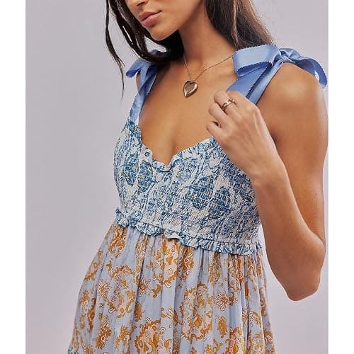 ABYOVRT Women Floral Maxi Dress Tie Shoulder Patchwork Smocked Flowy Boho Dress with Pockets Summer Vacation Sundress thumbnail 7