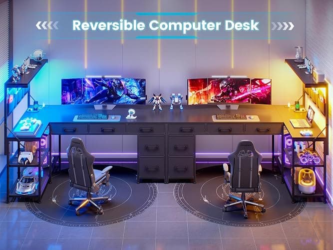 SEDETA L Shaped Gaming Desk, 47.2" Reversible Small Computer Desk with 5 Drawers and Storage Shelves, Corner Gaming Desk with LED Lights and Power Outlet, Black thumbnail 3