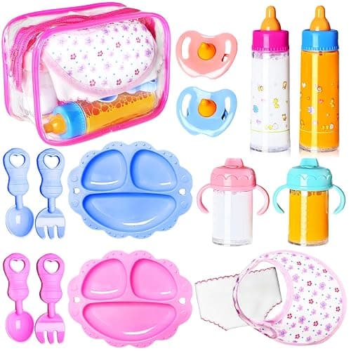 15Pcs Baby Doll Accessories Magic Bottle Set,Pretend Play Feeding Toy with Juice Milk Bottles,Sippy Cups,Pacifiers,Bowl Spoons,Bib,Diaper,Dolls Feeding Kit for Kids Girls,Party,Gift - Image 1