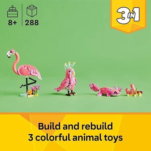 LEGO Creator 3 in 1 Wild Animals: Pink Flamingo Animal Building Toy - Building Toy with 3 Building Options, Pink Flamingo, Cockatoo, or Axolotl - Learning Toy for Kids, Ages 8+- 31170 thumbnail 2