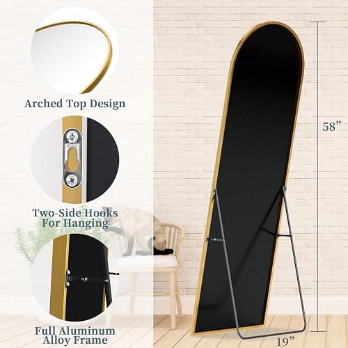 Coomily Full Length Mirror with Stand, 58"x19" Arched Full Body Mirror, Large Stand Up Aluminum Frame Floor Freestanding Hanging Leaning Mounted for Bedroom Living Room Entryway Gold thumbnail 2
