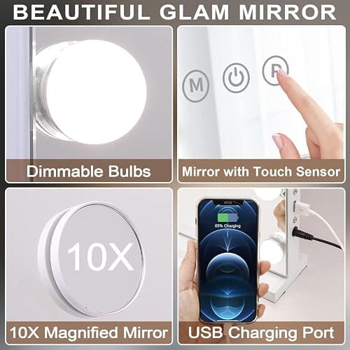 KOTTOVA Vanity Mirror with Lights,23" x 18.1" Large Hollywood Lighted Makeup Mirror with 15 LED,3 Colors Modes, with Detachable 10X Spot Mirror,Smart Touch Control,Plug in(Tabletop & Wall-Mounted) thumbnail 7