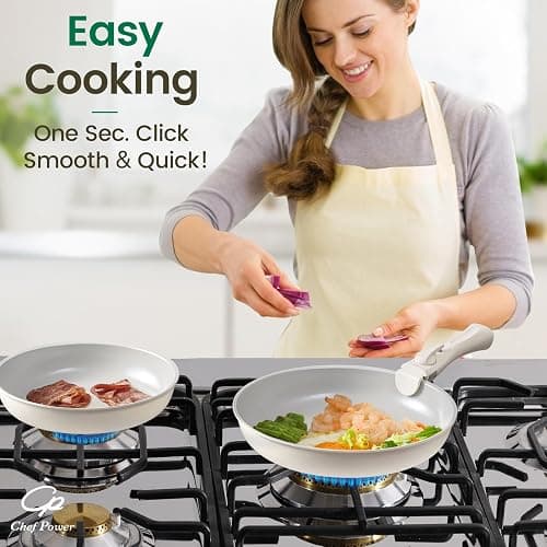 Chef Power Ceramic Nonstick Pots and Pans Set 19 Piece with Detachable Handle, Induction Dishwasher Oven Safe Cookware Set, RV Kitchen Set Removable Handle, Granite Grey and White thumbnail 2