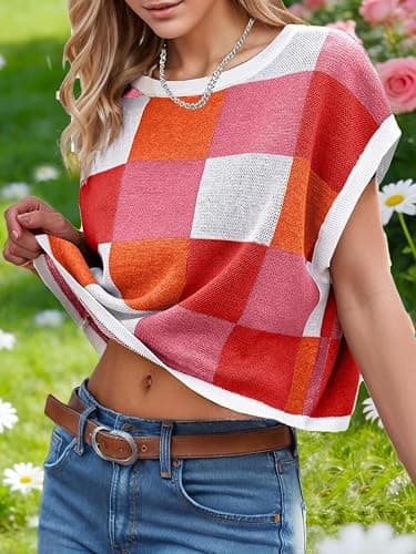 Womens Cute Summer Tops 2026 Short Cap Sleeve Sweater Color Block Trendy Crop Top Knit Vest Checkered Work Shirts Outfits thumbnail 3