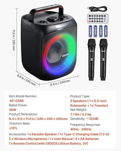 VEVOR Karaoke Machine for Adults, 30W, 6.5-inch Portable Bluetooth Speaker with 2 Wireless Microphones, LED Light, TWS Function, Handle, Support Micro TF Card, USB, AUX, for Home Karaoke Party Singing thumbnail 3