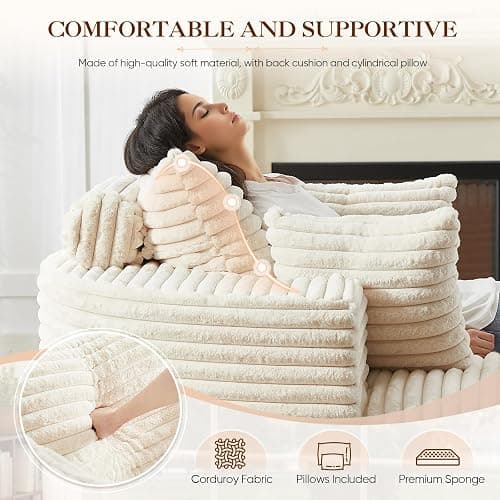 Oversized Round Chaise Longue Chair Indoor, Modern 55-inch Upholstered Corduroy Deep Seat Circle Single Cloud Lounge Floor Sofa Chair for Living Room, Bedroom Apartment, Beige thumbnail 4