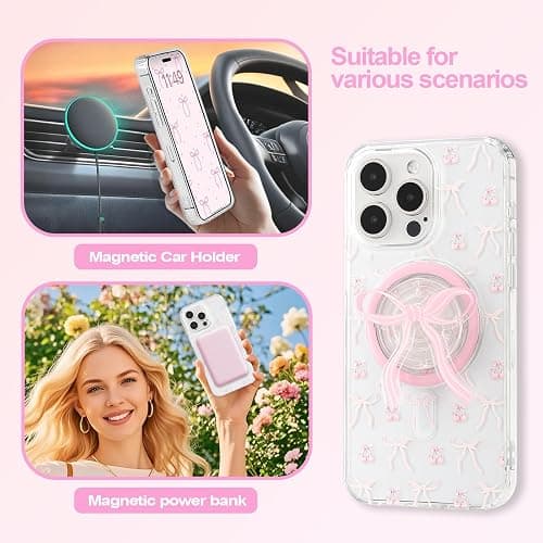 DALIHEBO Magnetic Case for iPhone 12 Pro Max, 3D Pink Magnetic Stand Bowknot Phone Case, Cute Pink Clear Bow Aesthetic Design Soft Durable TPU Transparent Protective Cover for Women Girls-01 thumbnail 5
