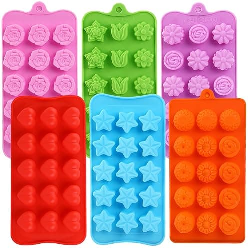 FIRETREESILVERFLOWER Flower Shape Chocolate Candy Molds Set,Heart,The stars,The rose,Flowers in Combination,15 Cavity Silicone Baking Mold Ice Cube Tray-Wedding,Festival,Parties and DIY Crafts-(6Pcs) - Image 1