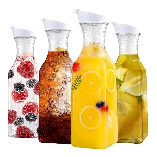 Set of 4 Plastic Carafe with Lid, 50 Oz Carafes for Mimosa Bar, Square Base Juice Containers, Water Bottle, Milk Container, Clear Beverage Containers for Fridge- HAND WASH ONLY - Image 1