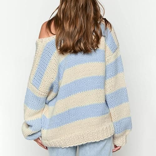 Women's Off The Shoulder Striped Sweaters Y2k Drop Shoulder Long Sleeve V-Neck Oversized Knit Pullover Tops thumbnail 4