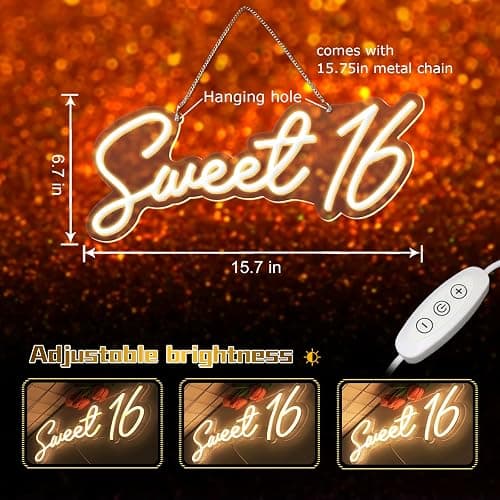 Sweet 16 Warm White LED Neon Sign for Sweet 16th Birthday Party Decorations,Perfect Gifts for Coming-Of-Age Ceremony,Also Can be Used As a Small Night Light,5V USB Power Supply,Size 15.7 * 6.7inches thumbnail 2