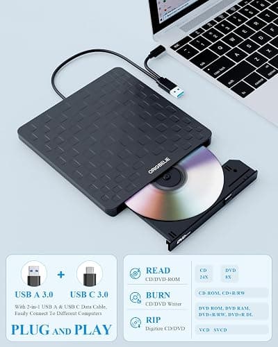 ORIGBELIE External CD DVD Drive for Laptop, USB 3.0 Type-C Ultra Slim 13mm DVD Player Portable CD DVD +/-RW Drive CD Burner Reader Writer Recorder for Desktop PC Windows 11/10/8/7 Linux Mac OS (Black) thumbnail 3