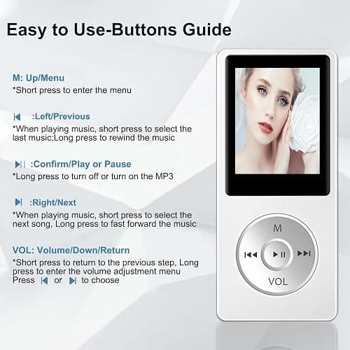 MP3 Player with Bluetooth 5.0, 1.8 inch Screen Portable Music Player with HD Speaker, HiFi Music Supports FM Radio, Voice Recorder, Supports Expanded Up to 128GB(White, 32GB) thumbnail 8