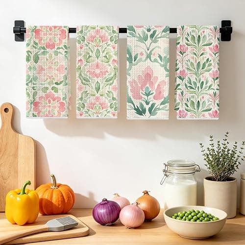 4 Pcs Watercolor Floral Kitchen Towels, Artistic Pink Green Decorative Absorbent Microfiber Dish Cloth Tea Towel, Durable Waffle Hand Towels for Farmhouse Home Bathroom, Housewarming Gifts thumbnail 4